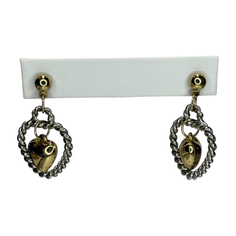 Vintage Women Jewelry Gold & Silver Tone Twisted Rope Heart Drop Dangle Earrings - Picture 3 of 7